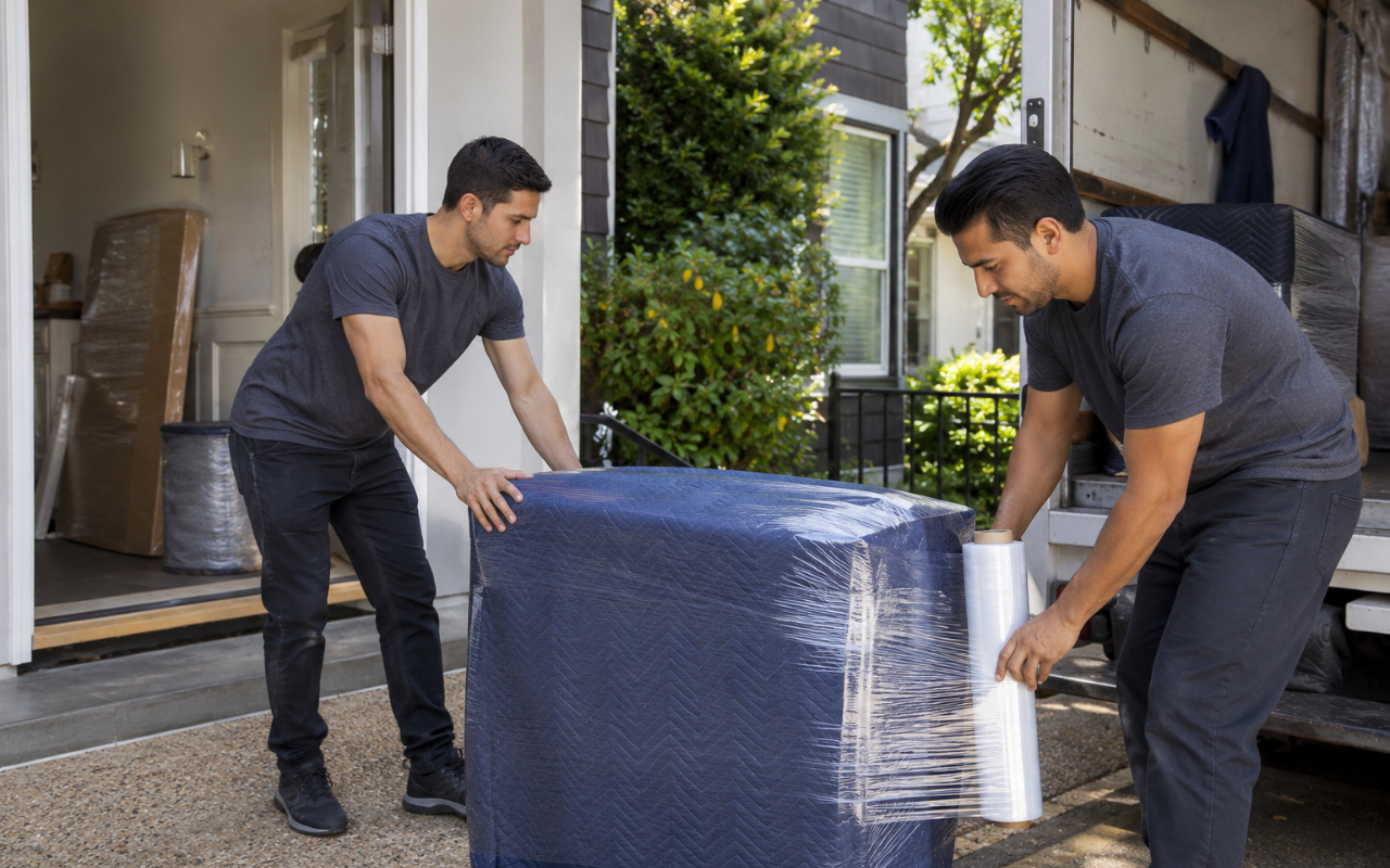 Moving company in San Mateo, CA preparing furniture for transport