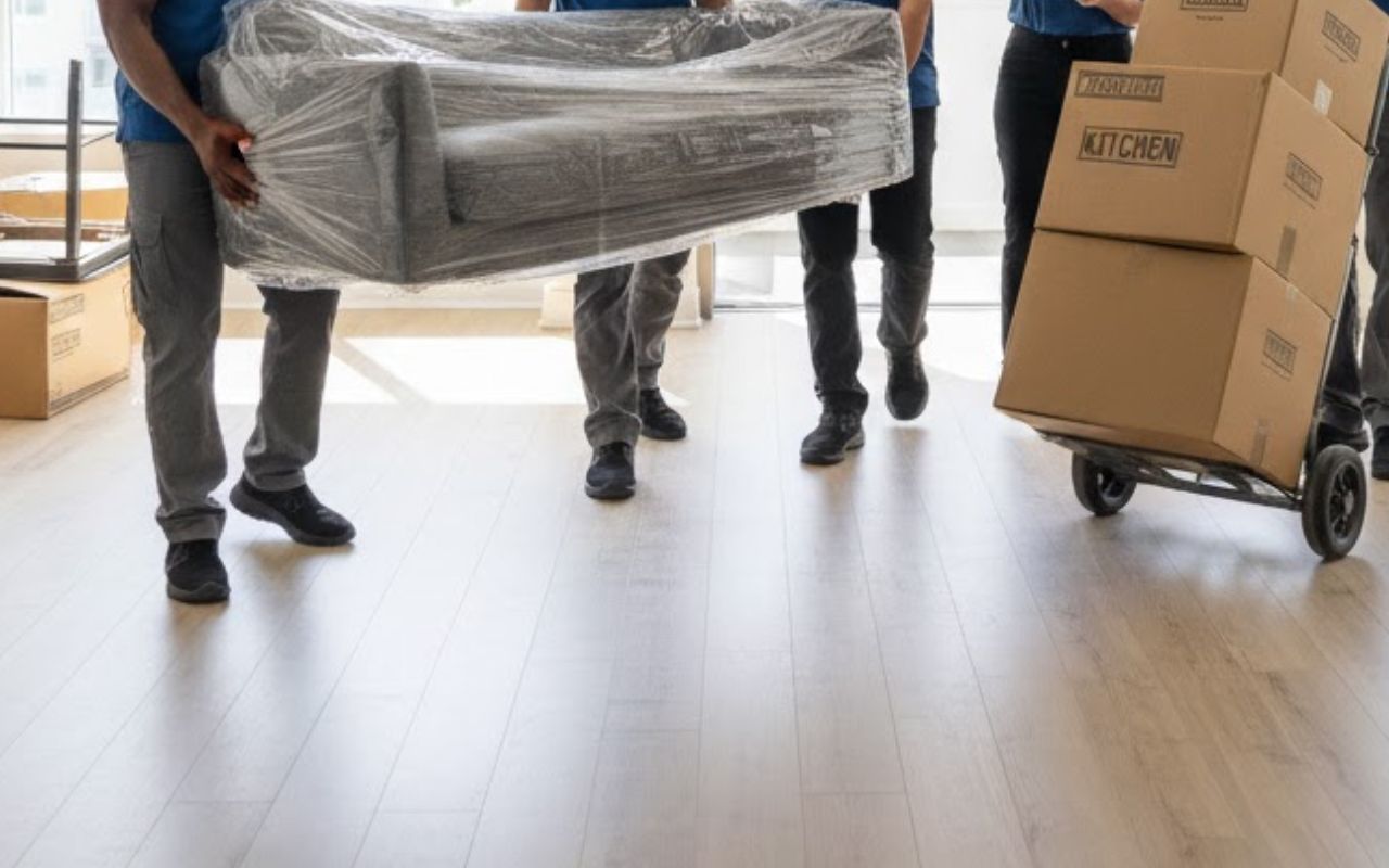 Apartment movers in San Jose loading furniture for a commercial apartment move in a busy complex