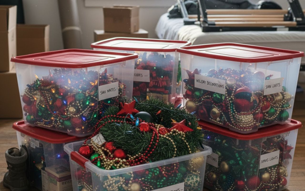 Holiday Decor Storage in San Mateo using clear plastic bins neatly stacked in a garage