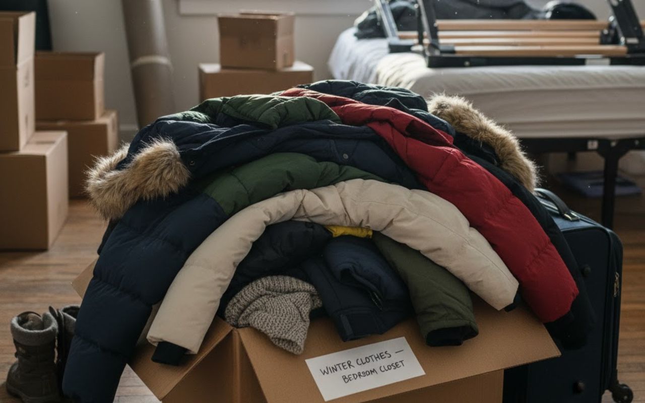Neatly folded wool coats in medium boxes for Packing Winter Clothes for Moving