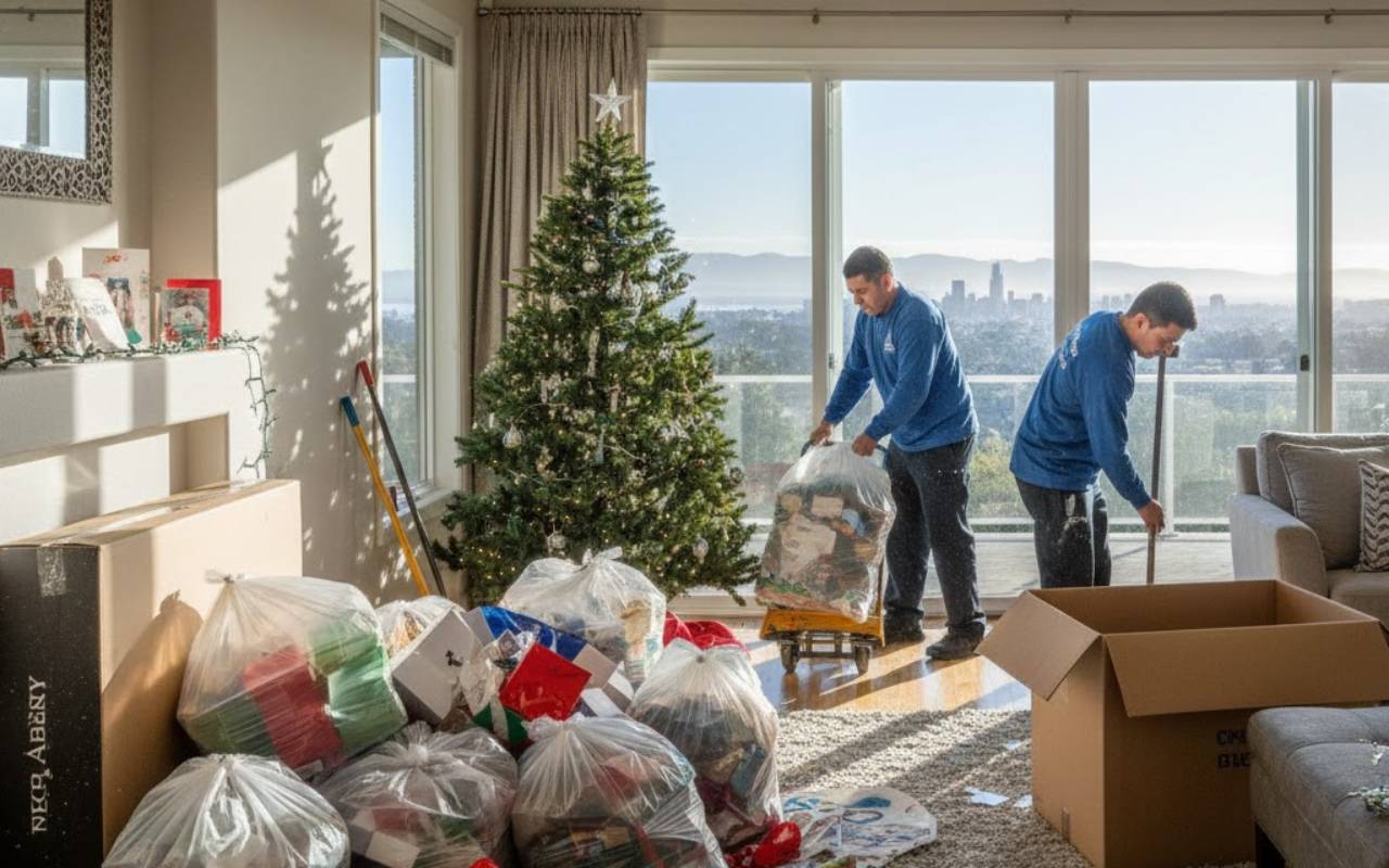 Living room after Post-Holiday Junk Removal in Bay Area with clear floors, packed boxes, and neatly stored décor.