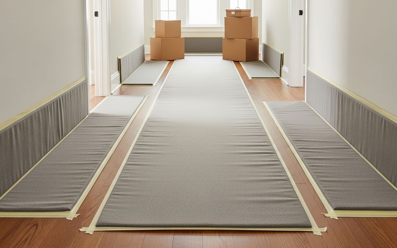 Runners placed in a hallway to protect floors and walls when moving