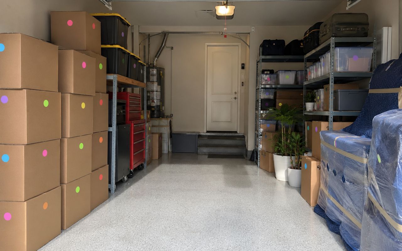 Garage cleanout before moving in San Francisco with organized boxes and labeled items