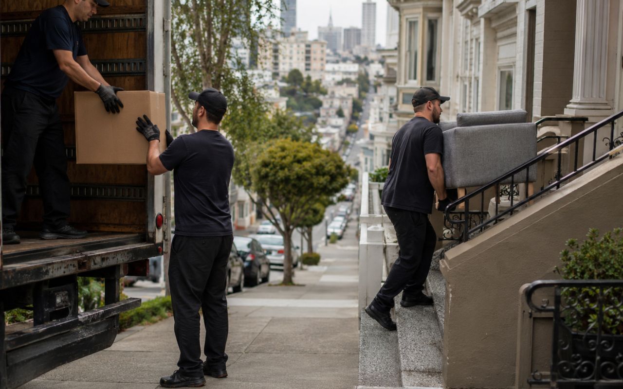 Movers loading a truck during peak moving season in Bay Area