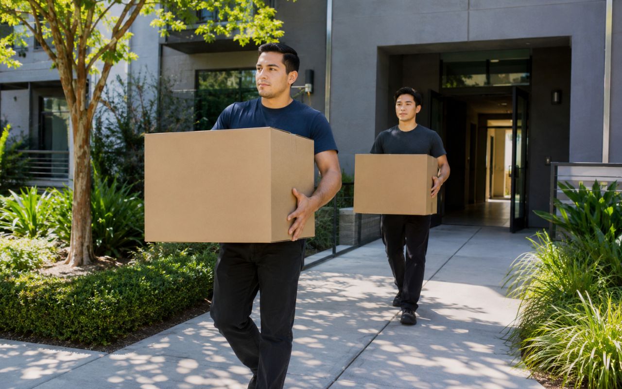 Apartment movers in San Jose, CA summer carrying boxes from an apartment building