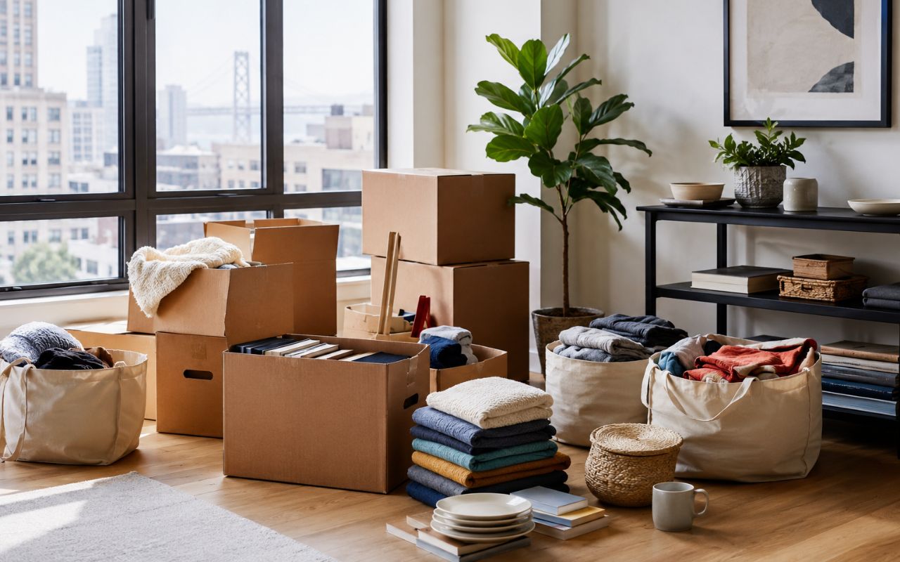 Boxes and sorted home items for decluttering before moving in San Francisco