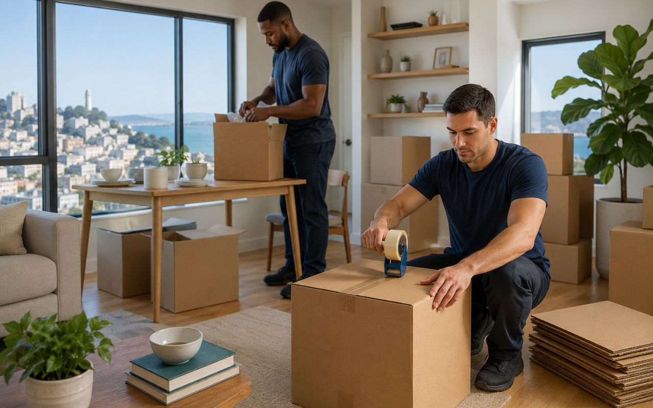 Movers preparing boxes with summer moving tips in Bay Area, California