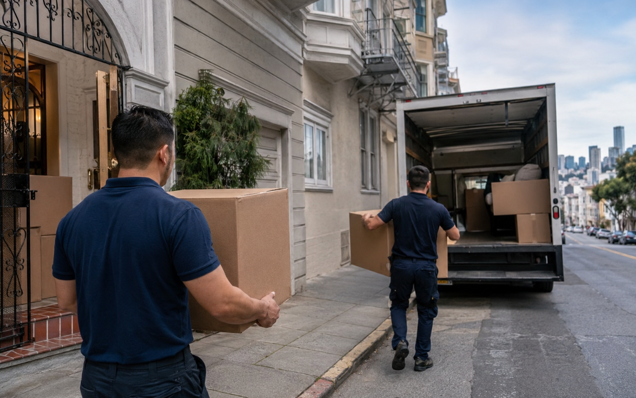 Movers carrying boxes during an apartment move in San Francisco