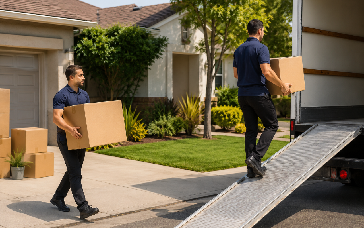 Movers carrying boxes during a summer move in San Jose
