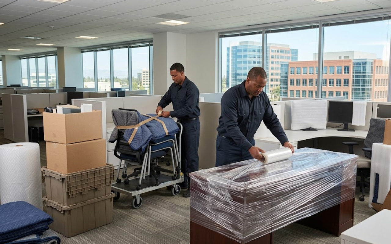 Office movers in San Jose, CA preparing furniture for a business relocation